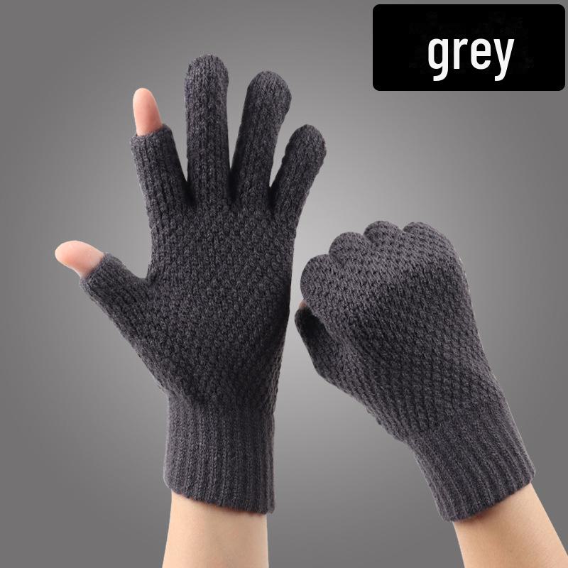 Thickened Velvet Two-Finger Woolen Winter Gloves for Men & Women, Warm & Elastic for Outdoor Driving