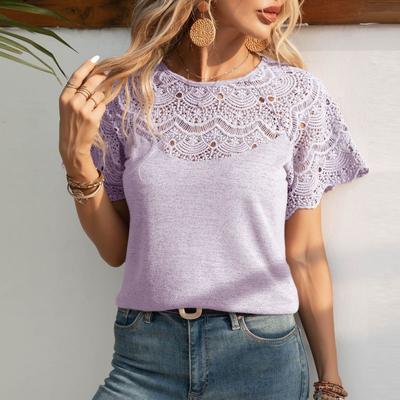 Camiseta de verano de manga corta con cuello redondo y encaje de patchwork