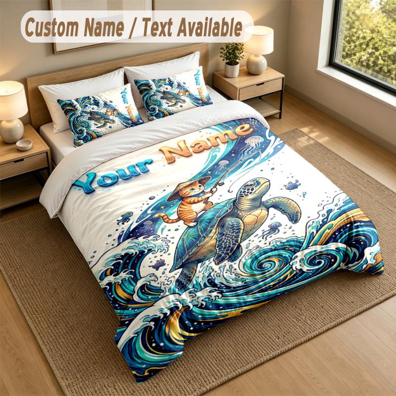 Cat Theme Personalized 3Pcs Bedding Set Custom Text & Name 1 Sheet 2 Pillowcases Household Bedding 1pc
