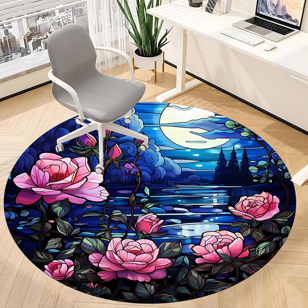 1pc Stained Glass Roses Chair Carpet for Office Non-Slip, Machine Washable Rug for Office, Room - Polyester, Machine Made yy251029172