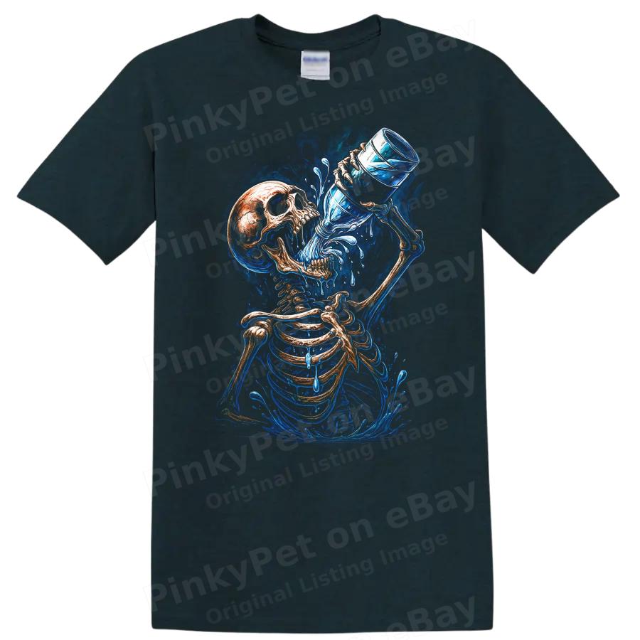 Skeleton Drinking Water Funny Graphic T Shirt Cool Art Design Tee