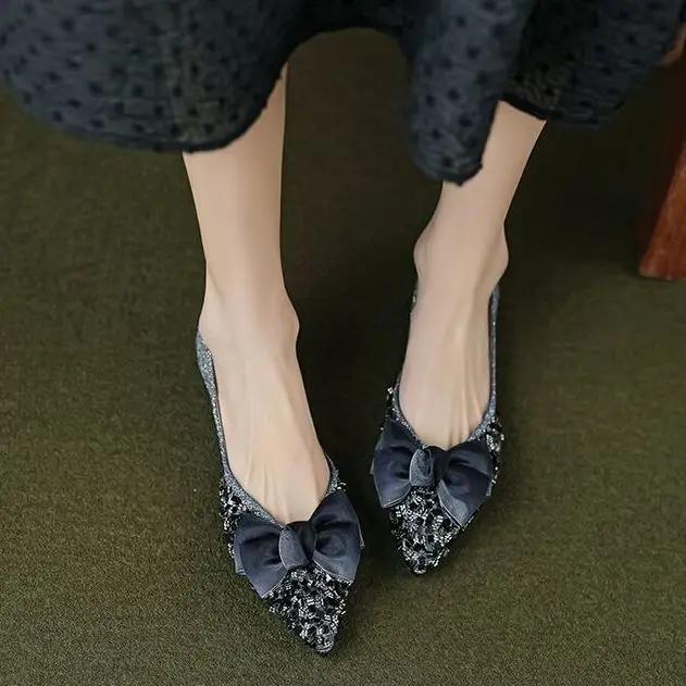 Fashion Woman Flats Diamond With Heel Shiny Bow Pointed Toe Shoes for Women Elegant Dress Wholesale Spring Young Low Price Genuine Mark