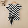 ZANZEA Blusa informal de verano con cuello en V y manga corta a rayas para mujer