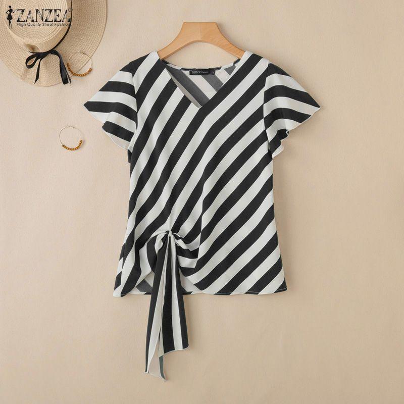 ZANZEA Blusa informal de verano con cuello en V y manga corta a rayas para mujer