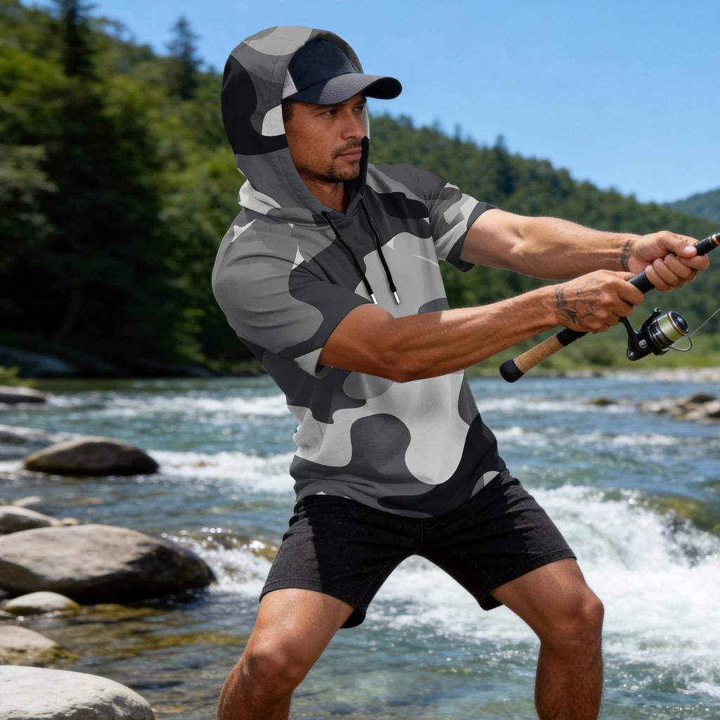 Men's Camouflage Print Raglan Sleeve Casual Sport Fishing Short Sleeve Hoodie Lightweight Breathable Outdoor Activewear Top