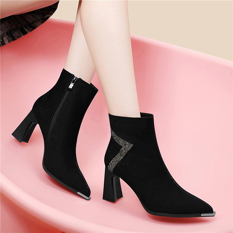 Frosted Short Boots Women's Autumn and Winter New Pointed Thick Heel Boots Velvet High Heels Fashion Martin Boots Cotton Shoes
