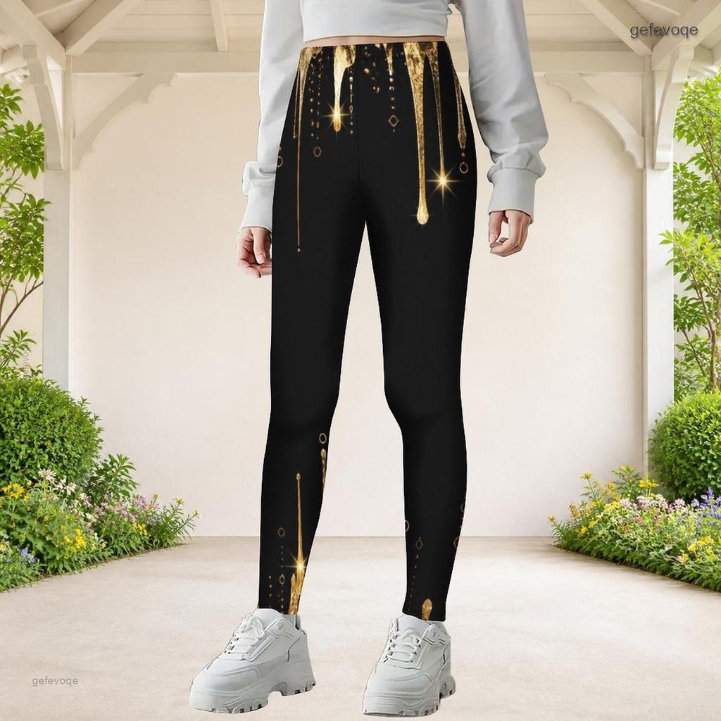 Girls Black Golden Glitter Print Full Length Stretch Waist Fitted Yoga Leggings