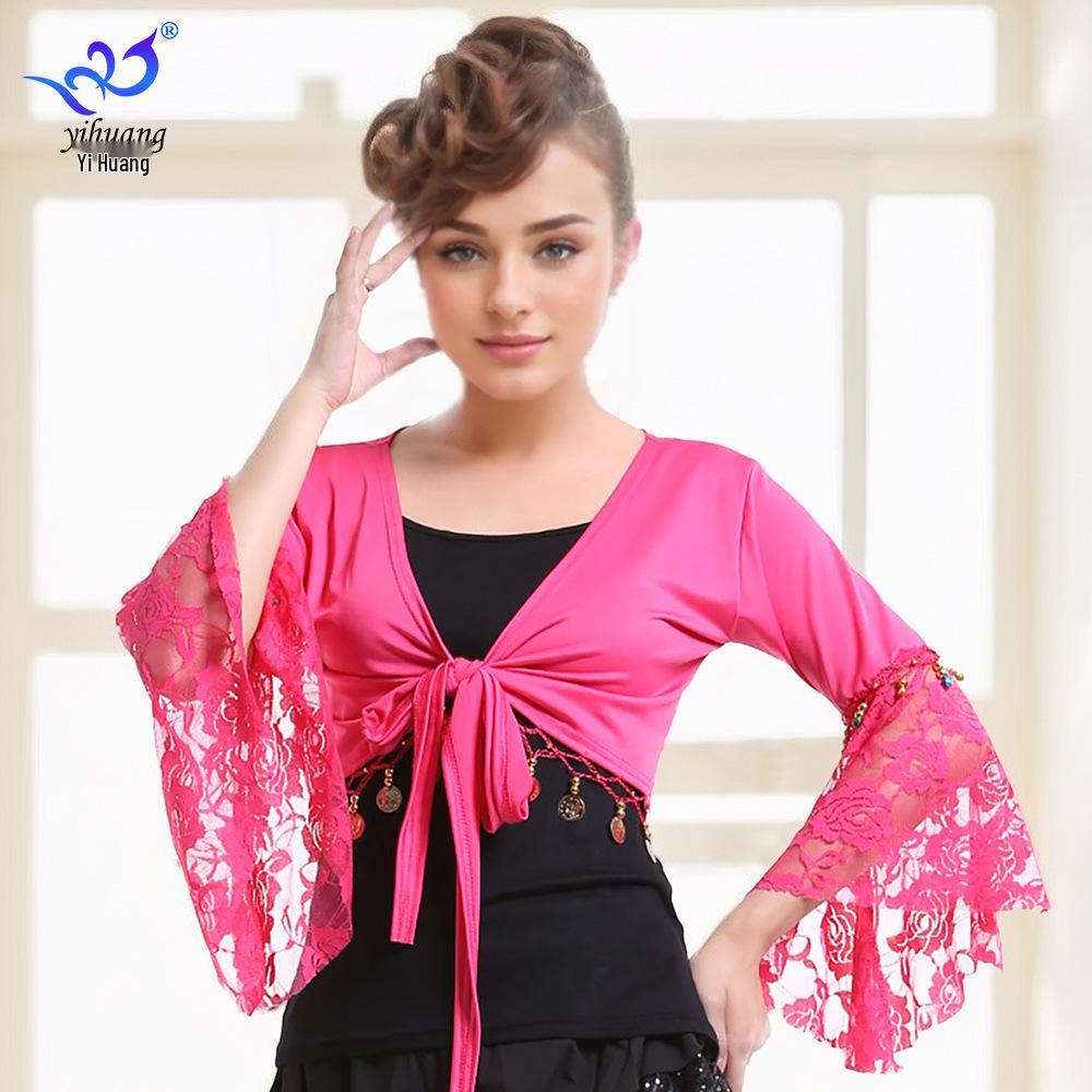 Belly Dance Lace Top with Flared Sleeves and Tassels for Performances