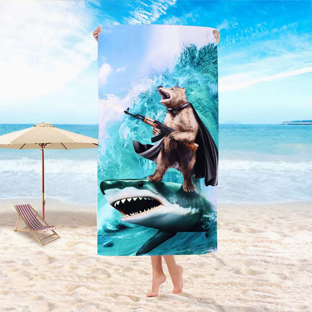 Funny Bear Riding Shark Beach Towel Cool Print Quick Dry Absorbent Towel for Teens Boys