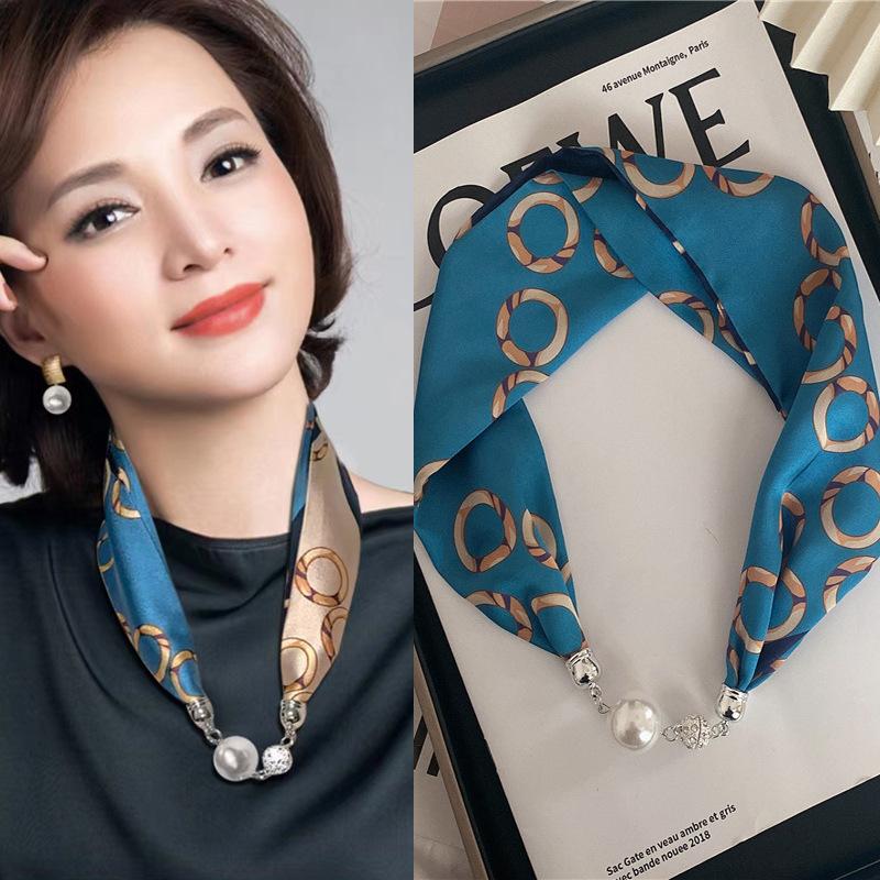 Luxury Design Magnetic Button Summer Silk Scarf Women Magnetic Pearl Necklace Scarves High End Matching Shirt Scarf Lady