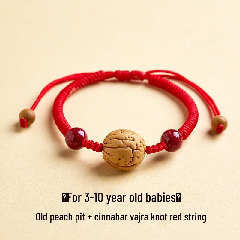 Wild Peach Wood Baby Amulet Bracelet: Soothing Red String with Peach Pit for Benmingnian & Pregnant Women.