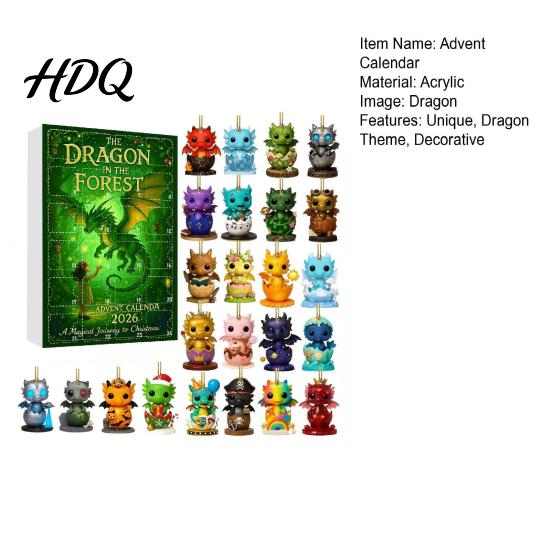 Acrylic Hanging Ornaments Forest Dragon Advent Calendar 24 Day Countdown Box with Cute Decorative Pendants Ornaments Festive Tree Decor Collectible