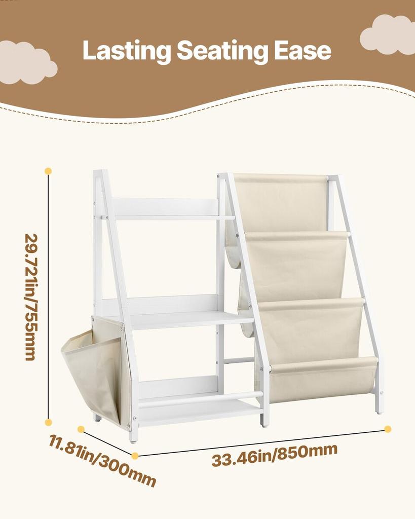 3-Tier Kids Bookshelf, Toy Storage Organizer for Toddler, Book Shelf for Kids Rooms with Sling Book Rack and Storage Bag, Kids Storage Book Shelves