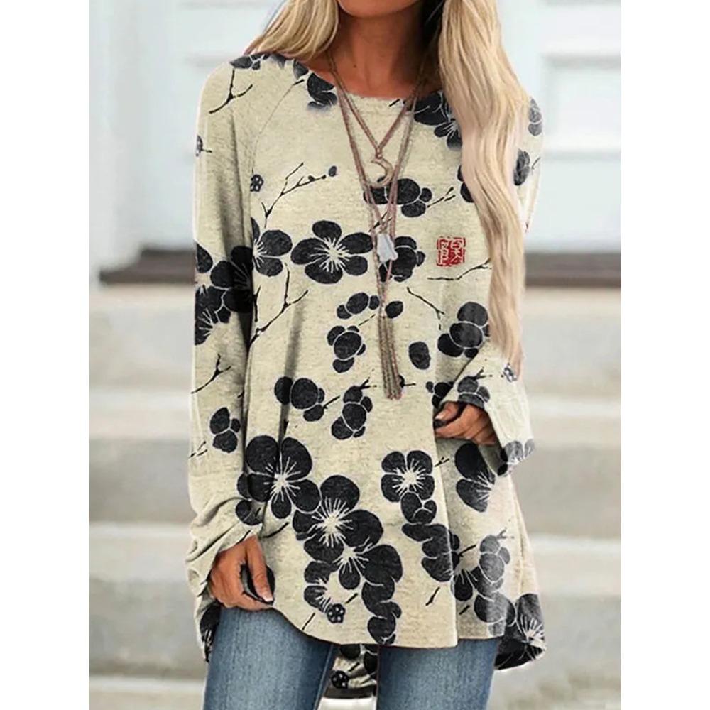 Large-sized Seaside Sunset 3D Printed Women's Round Neck Long Sleeve T-shirt Autumn Fashion Elegant Women's T-shirt Outdoor Casual Loose Top