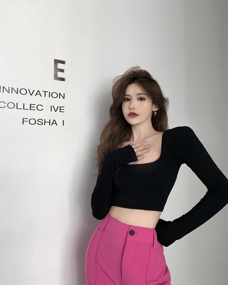 Women's Square Neck Long Sleeve Crop Top Slim Fit Elegant Commuter T-Shirt Solid Back Tie Cutout Milk Silk Y2K Hot Girl Layering Blouse