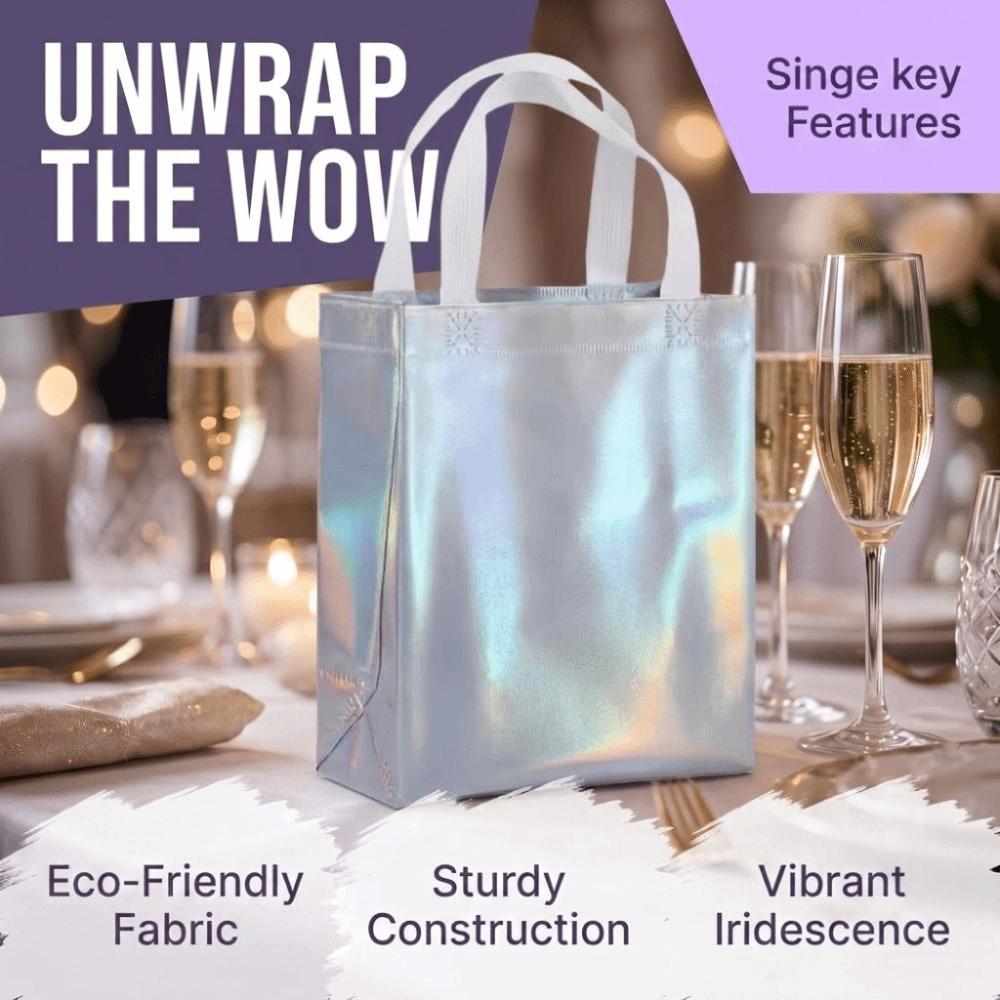 10Pcs Iridescent Holographic Gift Bags with Handles Rainbow Color Shopping Bags Non-Woven Reusable Party Favor Bags Christmas
