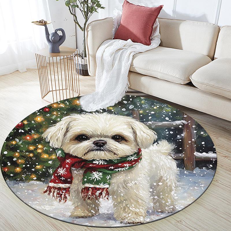 Winter Dog Round Area Rug,Carpet Rug for Living Room Bedroom Sofa Playroom Decor,Non-slip Floor Mat