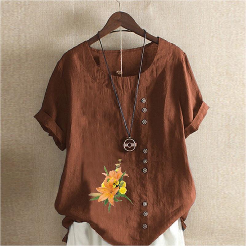 Women's Fashion Flower Pattern Print Short Sleeve T-shirt Loose Cotton Shirt Casual Loose Summer Blouse Tops Plus Size
