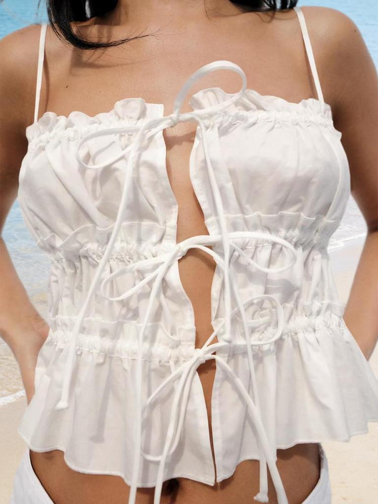 Womens Tie Front Crop Cami Top Ruffle Spaghetti Strap Y2K Summer Shirt