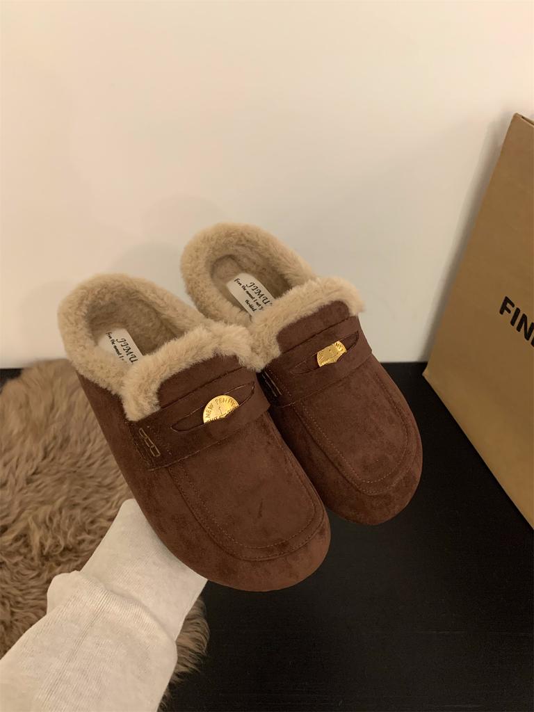 Thick-soled Plush Shoes Bag Head Half Slippers Women's Shoes Wear 2025 Autumn and Winter Half Toboken Shoes