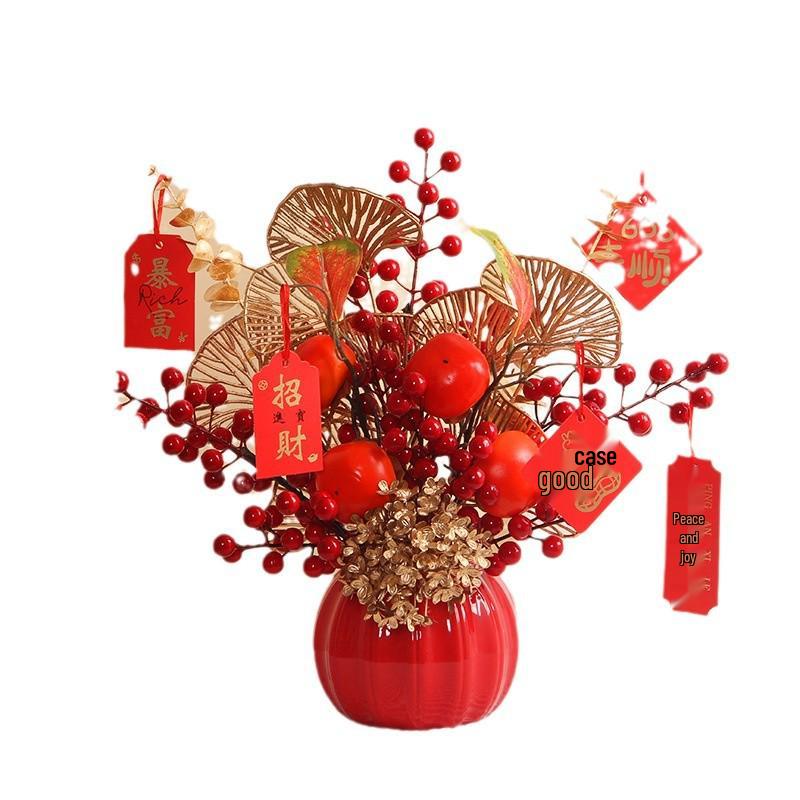 Luxurious Chinese-Style Pomegranate Fruit Arrangement: Faux Red Berries & Flowers for Living Room or Restaurant Decor
