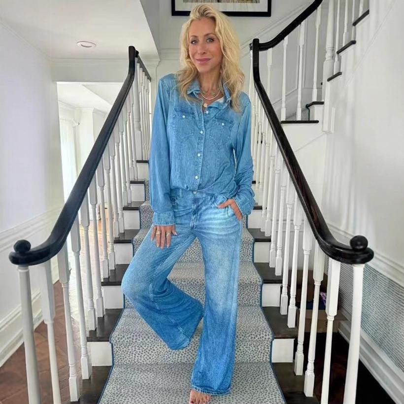 

European 2025 Casual Fashion Women s Elastic Loose Denim Two-Piece Set S джинсовий синього кольору
