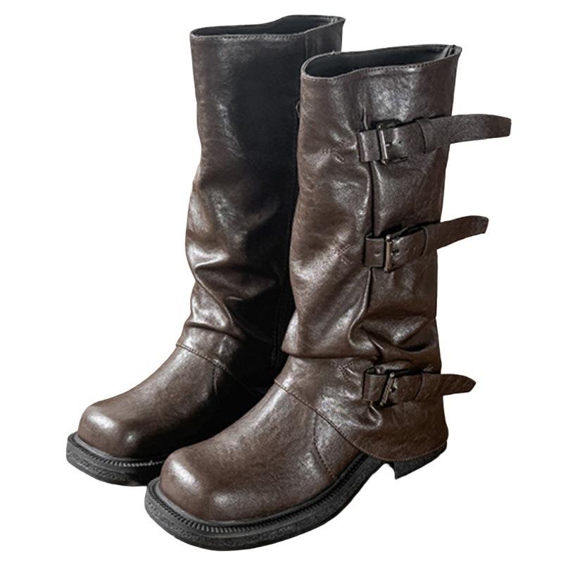 2025 nouveau pantalon tube noir montant bottes tube femme bottes de chevalier cowboy occidental bottes plissées à semelle épaisse