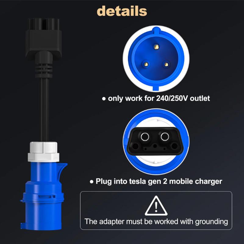 NTO CEE 3 Pin Blue Adapter Compatible With Tesla Model S,3,X,Y Gen 2 Ev Charger Extension Cord Connector 240V Outlet 32A