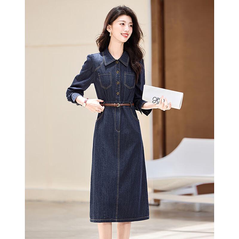 Women's Elegant Cotton Denim Midi Dress with Woven Belt