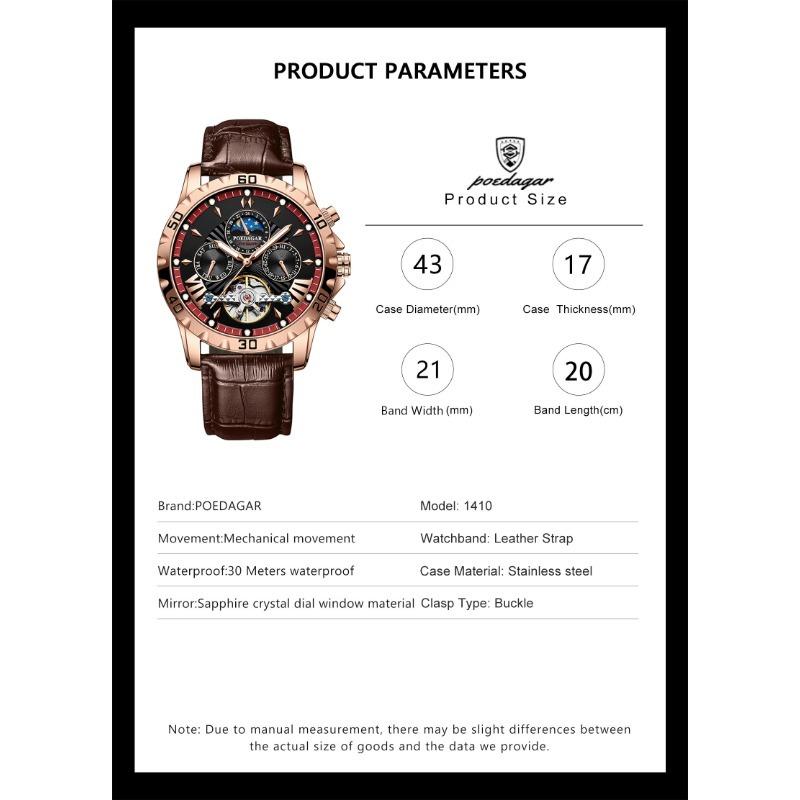 POEDAGAR Luxury Automatic Wristwatch Waterproof Luminous Date Week Leather Men Watch Tourbillon Mechanical Fashion Watches