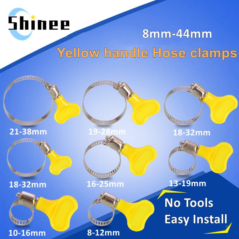 

1 5 10 pcs 8-44mm Adjustable Yellow Plastic Handle Hand Twist Hose Clamps Worm Driving 201 Stainless steel Pipe Clips For Tube 8-12mm (1pcs)