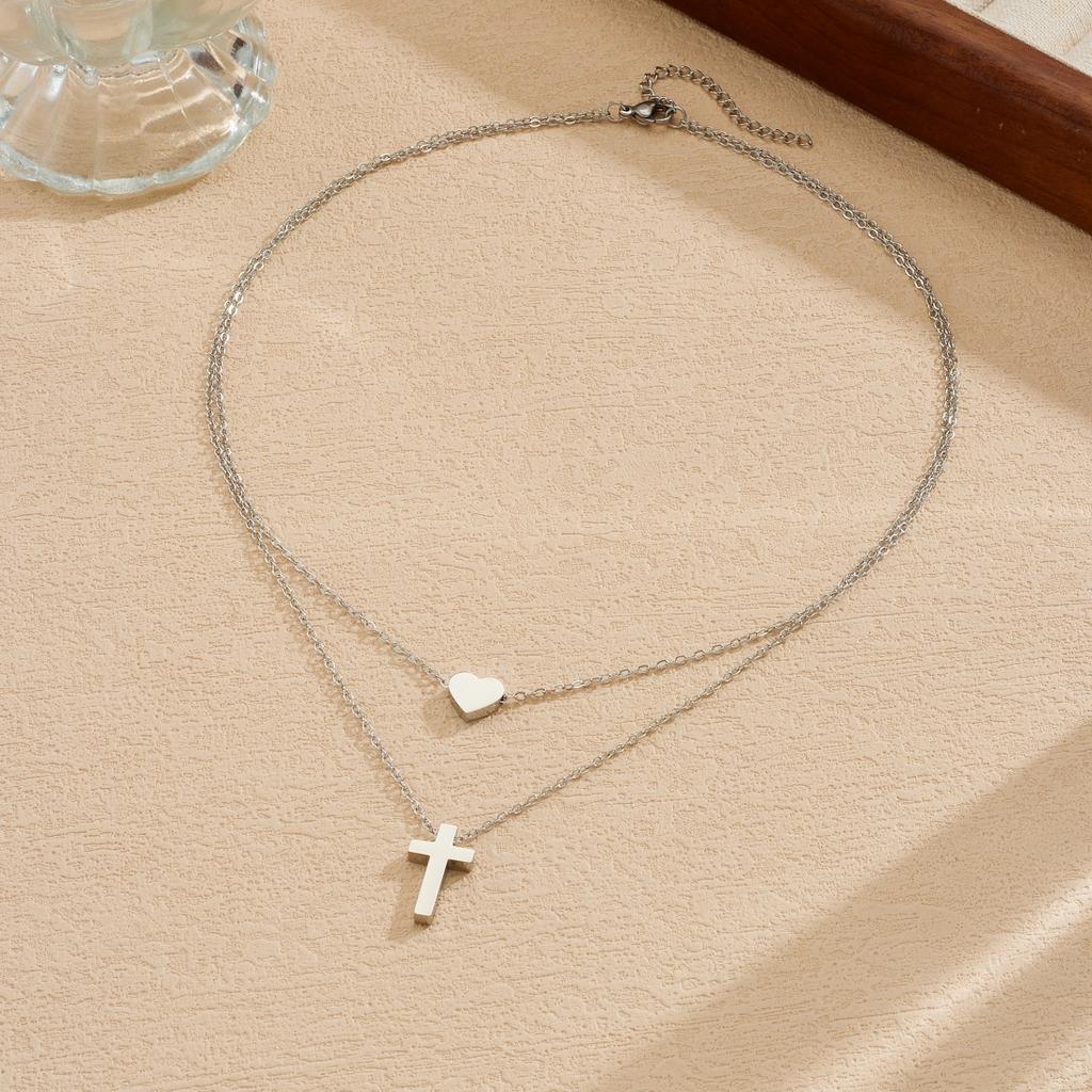 316L Stainless Steel Double Layer Cross Heart Pendant Collarbone Necklaces For Women Creative Fashion New Jewelry Party Gift