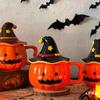 Unique Halloween Themed Ceramics Coffee Cup With Detachable Witch Hat Cover Pumpkin Shape Mug For Hot Beverages Gift