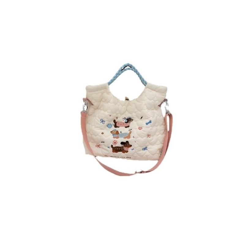 Adorable Embroidered Cartoon Shoulder Bag Large Capacity Commuter Tote Bag In White Blue Yellow And Pink