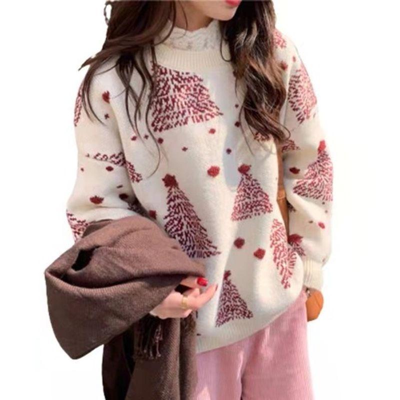 Autumn New Loose Slimming round Neck Super Popular Long sleeve Snowflake Christmas sweater Women Thick Warm Outer Wear Knit