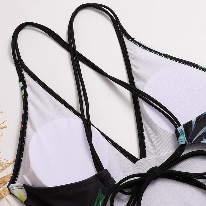 Floral Print One Piece Swimwear Deep V-Neck Women Swimsuit Cri-Cross Bathing Swimming Suit