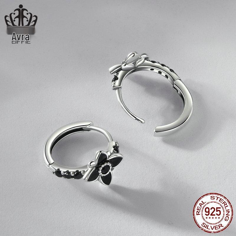 Elegant Black & White Retro Floral Earrings, S925 Sterling Silver Oxidized, Versatile Jewelry for Women