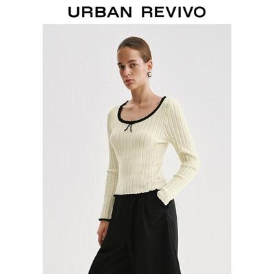 UR Women's Color-Block Ruffle Bow Long-Sleeve Knit Top