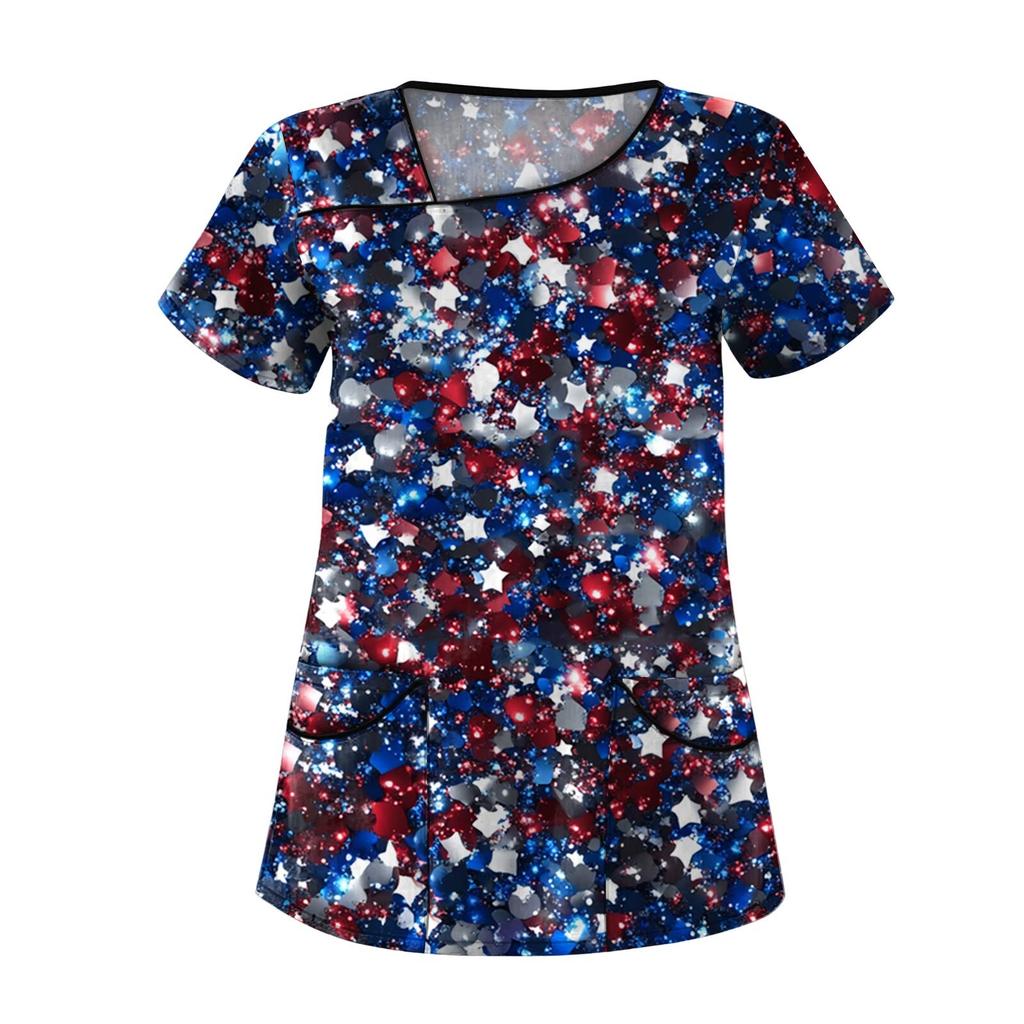 Dámské módní pracovní oděvy s krátkým rukávem a dvojitými kapsami