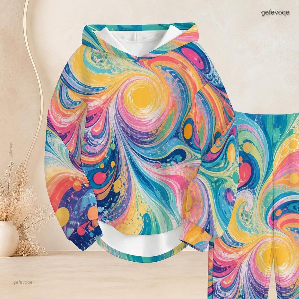 Women Plus Size Two Piece Set Hooded Long Sleeve Top Cuffed Pants Pink Gradient Printed Casual Tracksuit
