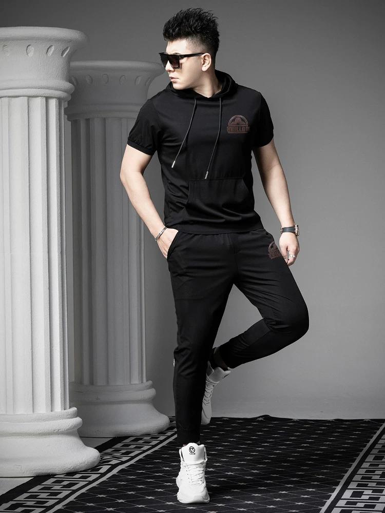 Ozhouzhan Hood Short Sleeve Hoodie Casual Set Men's Summer Fashion Brand Print Half Sleeve T-shirt Trousers Two-piece Set