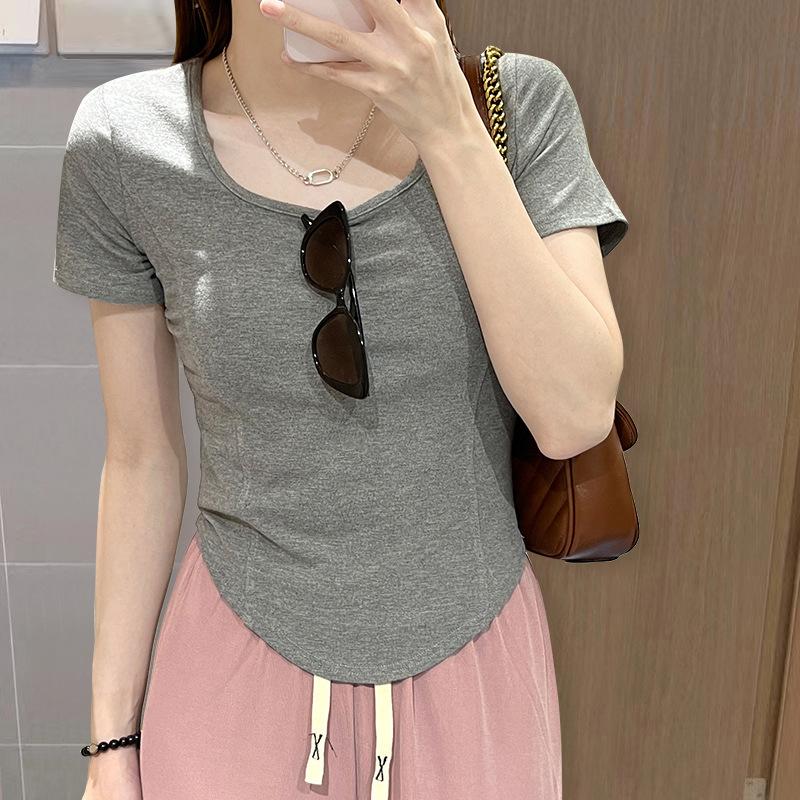 Short Square Neck Short Sleeve T-shirt for Women In Summer Design Niche Shoulder Pure Fish Bone Top