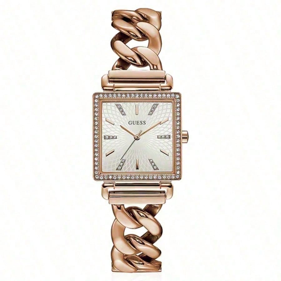 Guess Damen-Quarz-Uhr - Kleines quadratisches Zifferblatt Roségold Diamant | Minimalistisches tägliches Geschenk für sie W1030L4