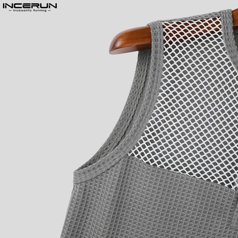 INCERUN Men Casual Sleeveless Patchwork Waffle Texture Hollow Out Tank Tops