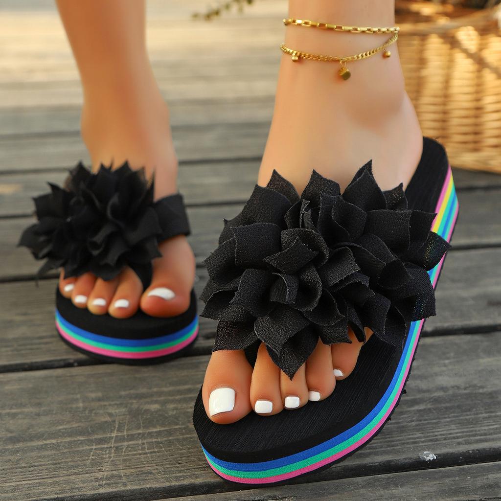 Fashion Comemore Flower Decor Wedge Flip Flops Women 2025 Summer Rainbow Thick Bottom Beach Slippers Woman Light Platform Slides Sandals