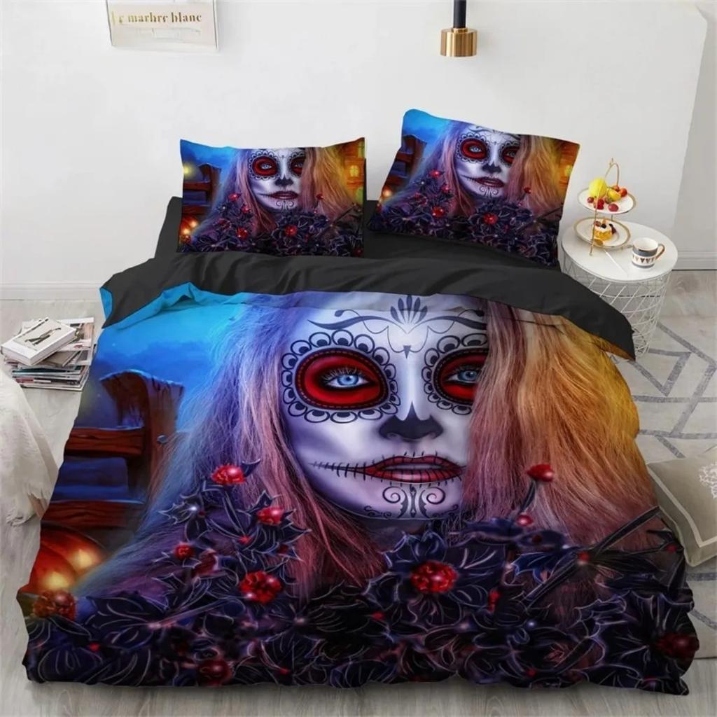 Skull Rose Skeleton Bedding Set,Skull Duvet Cover Set,Red Rose Skeleton King Queen Size Bedding Set