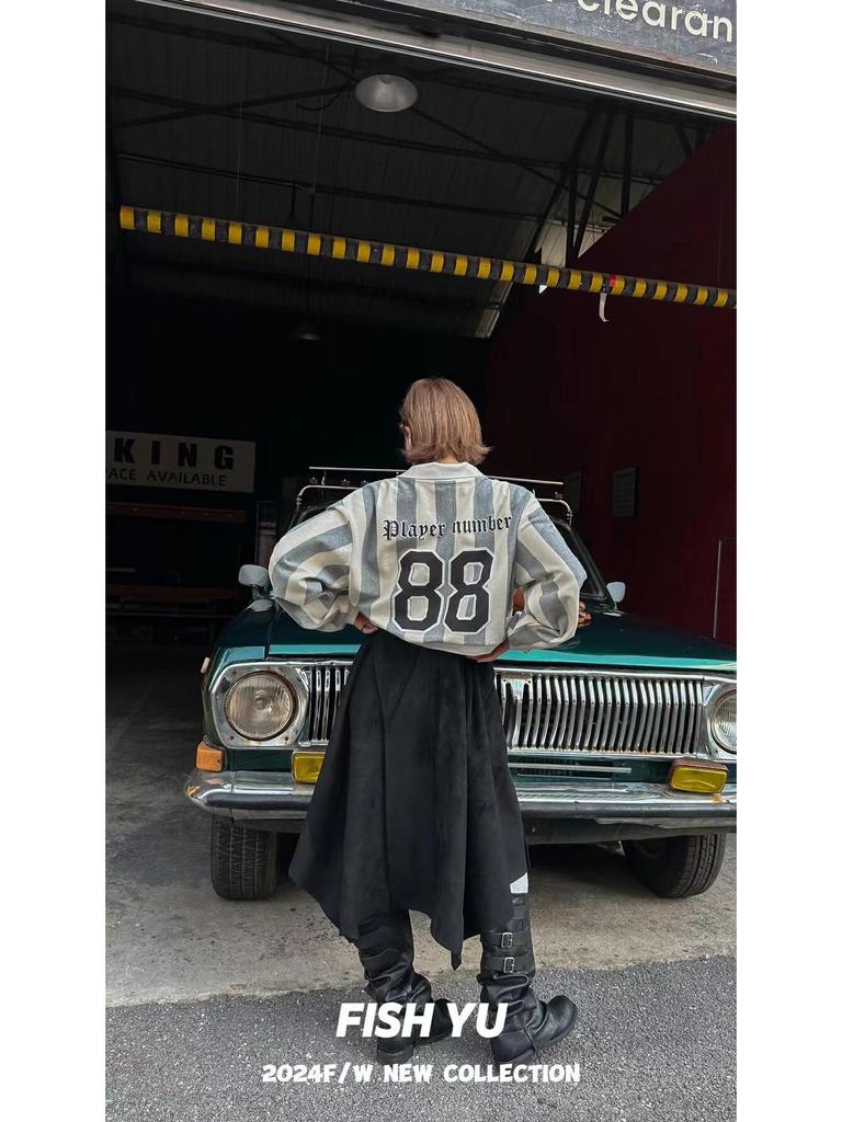 2025 Spring/Autumn Retro Jersey Vertical Stripe Letter Print Polo Collar Sweatshirt for Women