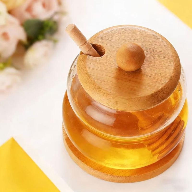 High Borosilicate Glass Jar Shatterproof Temperature Resistant Honeys Container Wood Stirring Stick and Lid for Kitchen