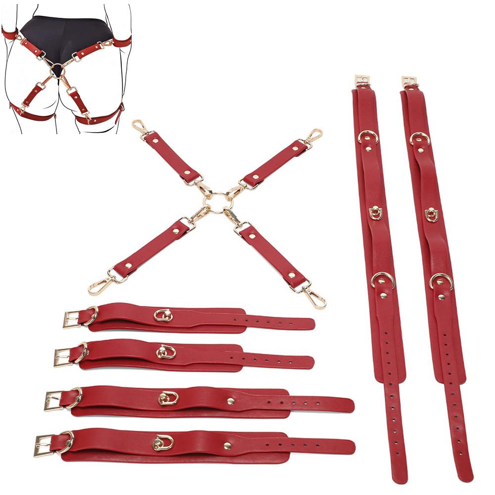 Genuine Leather  Bondage Kits Sex Toys for Couples Handcuff Ankle Cuffs Collar Gag Hogtie Restraints SM Set Adult Love Games