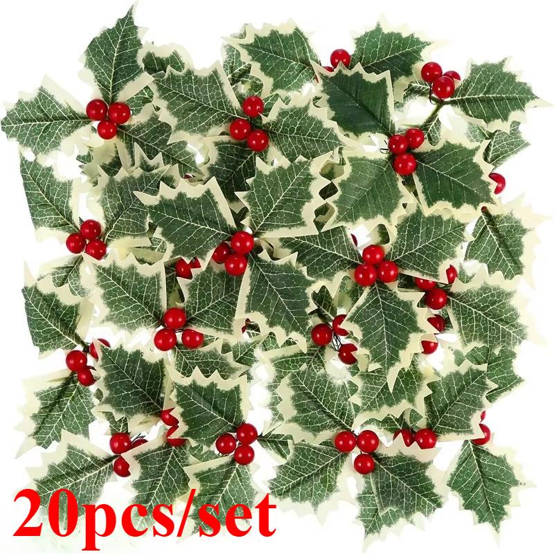 20/5Pcs Artificial Holly Berries With Green Leaves DIY Christmas Wreath Wedding Flower Gifts Xmas New Year Festival Decorations